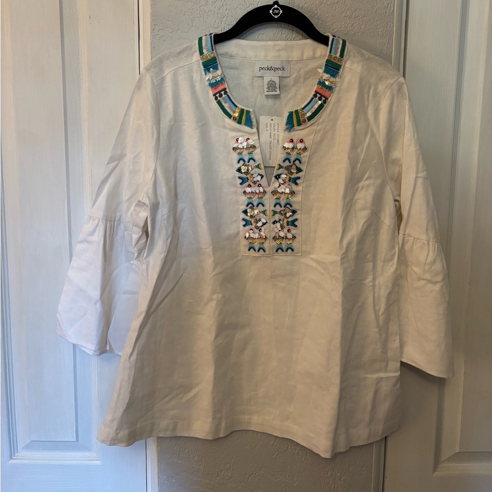 NWT Peck & Peck Beaded and Embroidered Fish Blouse Bell Sleeves Size Small